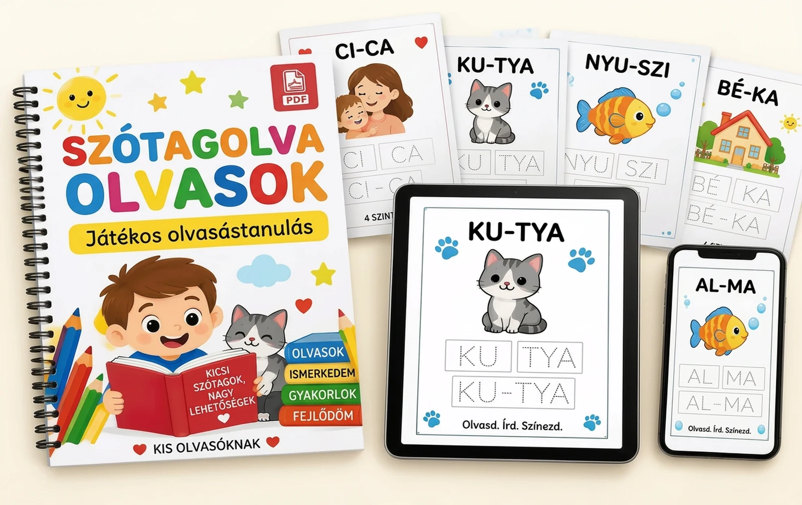 Szótagolva olvasok csomag — füzet, tablet és telefon munkalapokkal
